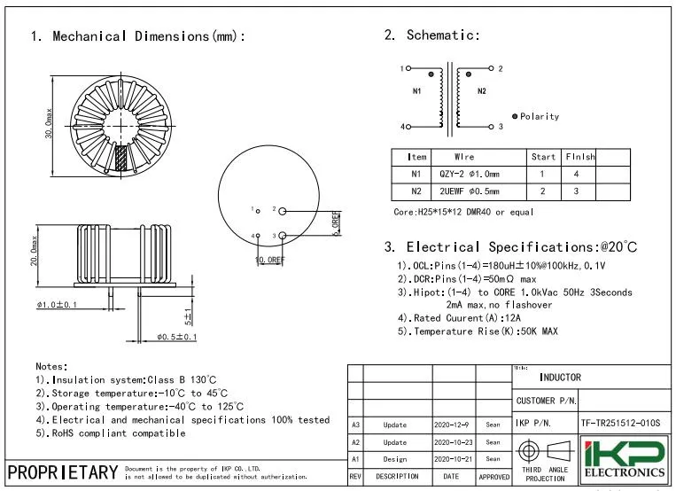 180uh EMI Componenti magnetici Common Mode Choke Inductor per inverter di potenza