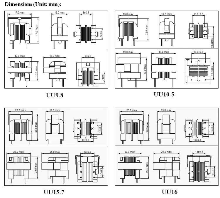 Uu9.8/Uu10.5/Uu15.7/Uu16 Induttori di soffocamento in modalità comune tipo EMI